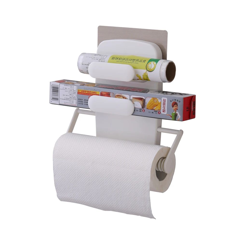 3 in 1 MULTI-FUNCTION  Wall mounted Shelf Plastic Aluminum Film wrap Holder Paper Roll Holder  Kitchen Tool Rack