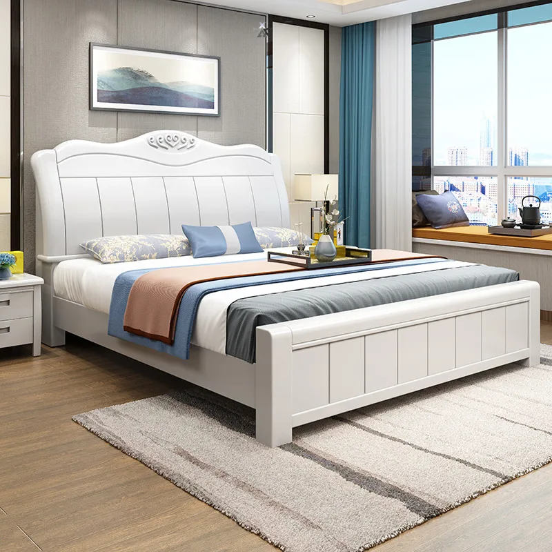 Best Wholesale Hotel Apartment Furniture  Solid Wood Platform Double Bed in White