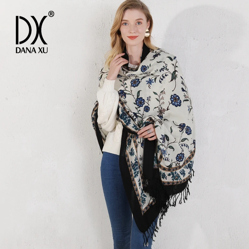 100% Pure Merino Wool Extra Large Pashmina Cashmere Scarf Shawl And Wrap For Women Winter Oversized Floral Blanket