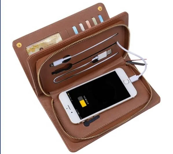 New Design Multifunctional Genuine Leather Travel Wallet with USB Wireless Charger Powerbank
