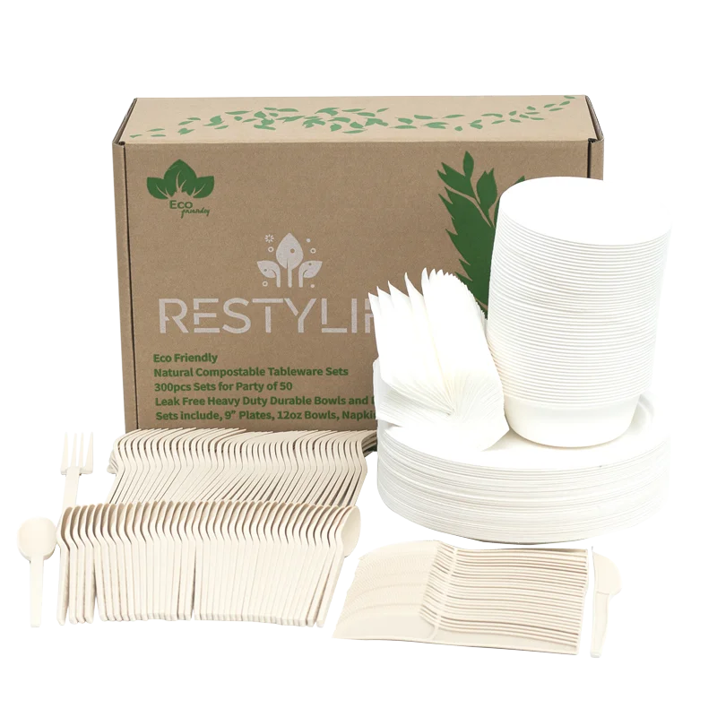 Cheap Price Wholesale 300pcs Tableware Set Compostable Sugarcane Bagasse Cutlery for Party and Go Out Picnic with Plates Bowls