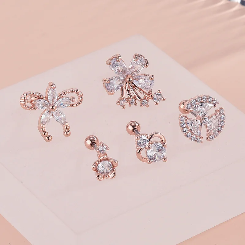 Korea Style CZ Flower Tragus Cartilag Lobe Earrings Barbell Ear Stud Helix Piercing Jewelry