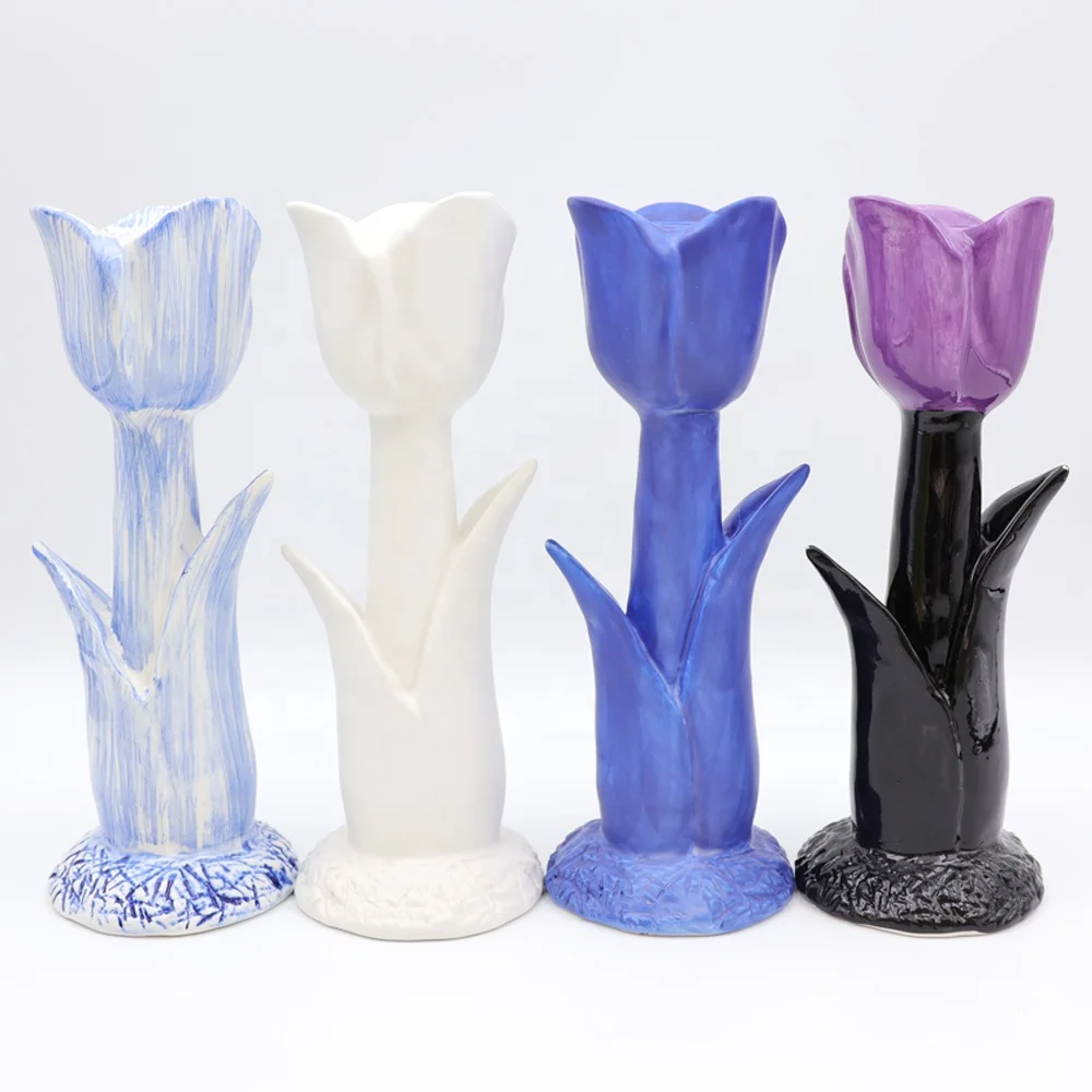 Custom wholesale high-end handmade colorful matter glazed ceramic tulip taper candle stand ceramic floral candlestick holder