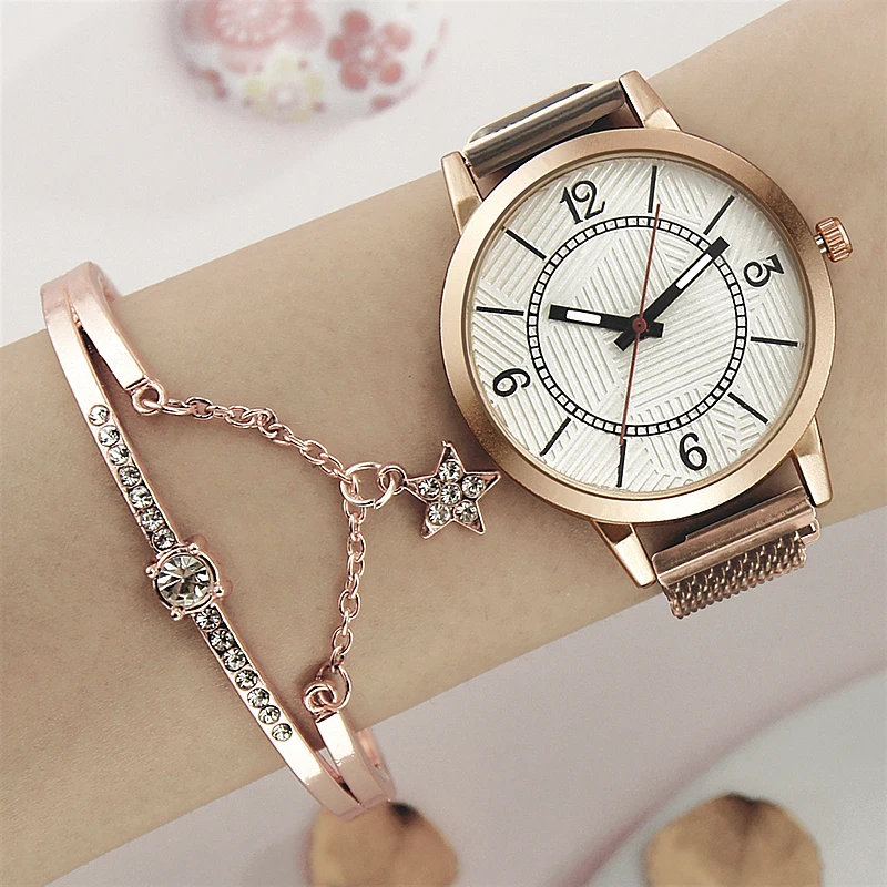Luxury 2pcs Set Women Watches Rose Gold Bracelet Mesh Rhinestones Magnet Quartz  Ladies Female Numerals Watch