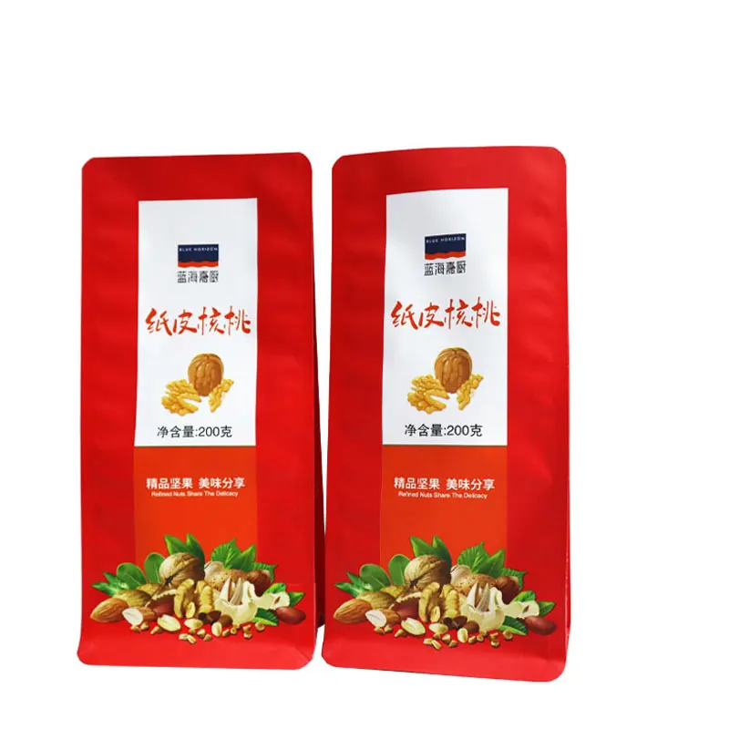 custom rice paper flat bottom stand up pouch with window red plastic food packaging pouch