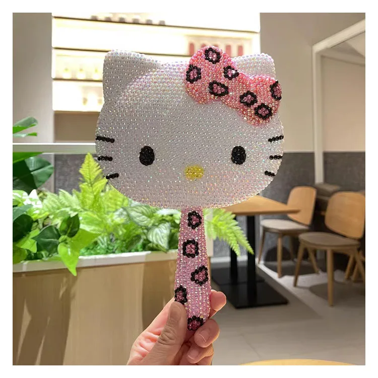 Hello Kitty Style Swivel Desktop Makeup Mirror Pocket Travel with Diamond Cosmetic Mirror Portable Handheld Mini Cute Mirror