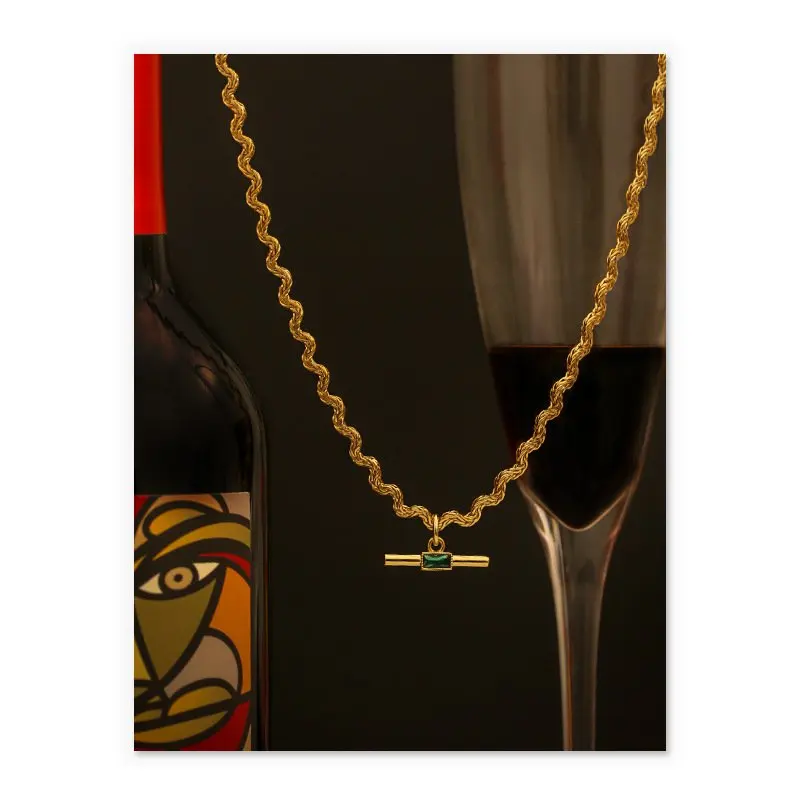 South Korea Retro Curved 18K True Gold Brass-Plated Figaro Chain Emerald Zircon Necklace Butterfly Shape Women Autumn Winter