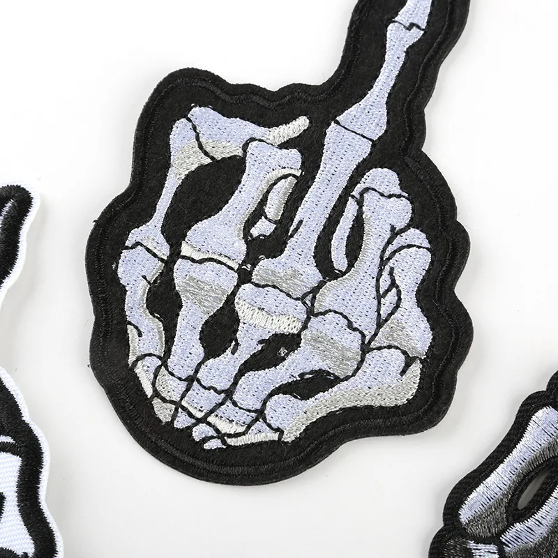 Customer Woven Iron on Skeleton Hand Embroidery Patch Punk Embroidery Skull Patches Embroidered for Clothing