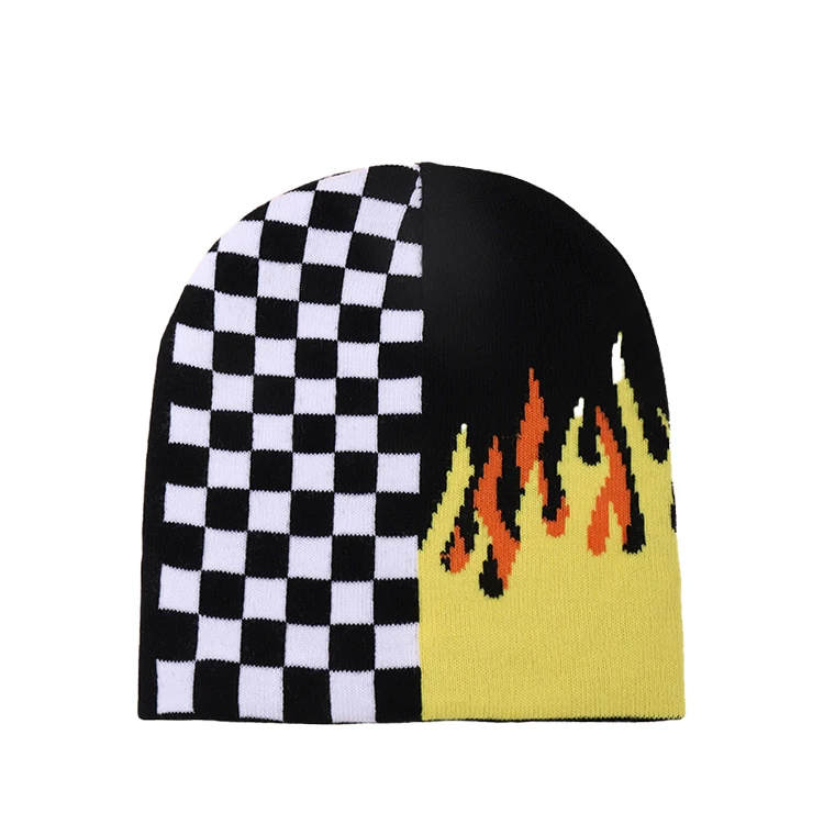 Custom Winter Acrylic Cuffed Knit Hat Unisex Jacquard Plaid Warm Skull Hat