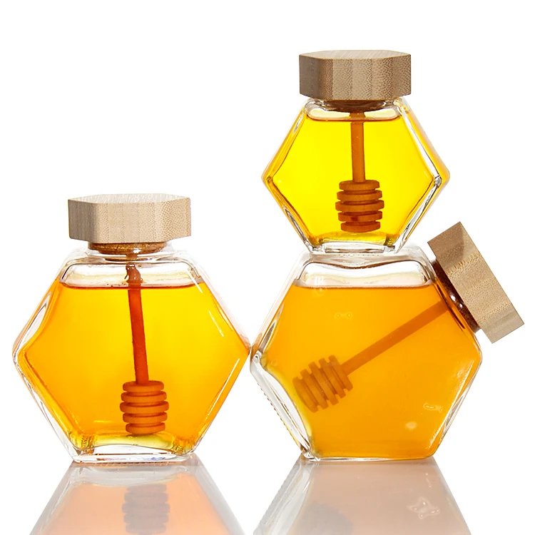 Hexagonal honey pot 500g bee honey glass jar glass bottle for honey with wooden cap and dripper
