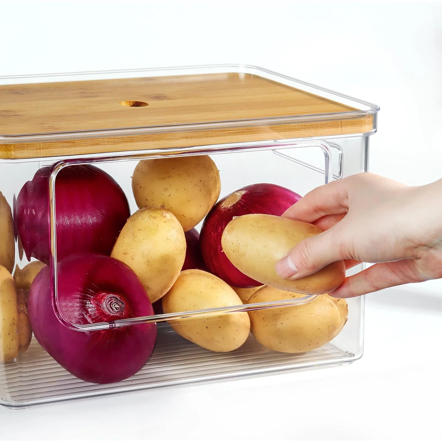 Clear Stackable Storage Basket Acrylic Basket with Bamboo Top Shelf for Onion Potato Vegetable