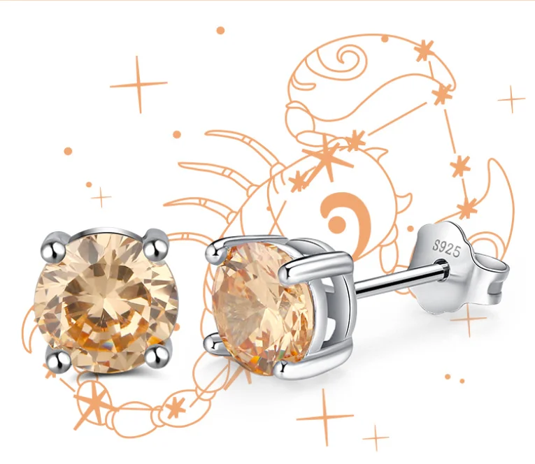 Sterling Silver 925 Jewelry Geometric Colorful Zircon Gold Earrings Zodiac Birthday Stone