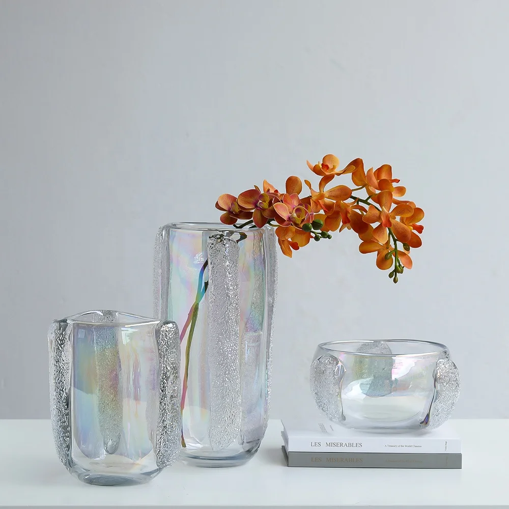 Bixuan Handblown Clear Glass Vase with Pearl Luster and Embossed Sprays Design Home Decor Table Centerpiece Thick Heavy Vases