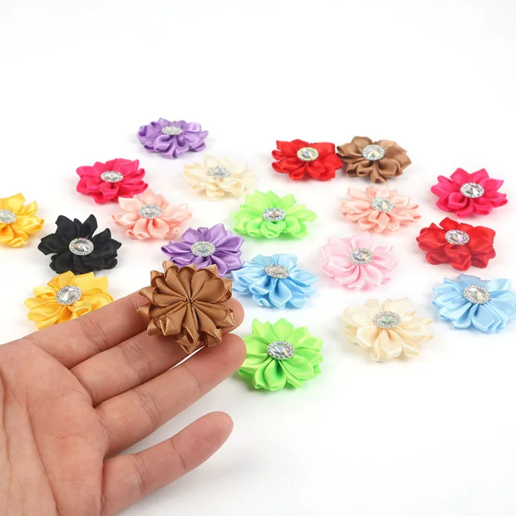 Satin Ribbon Flowers with Rhinestone for Hair Accessories