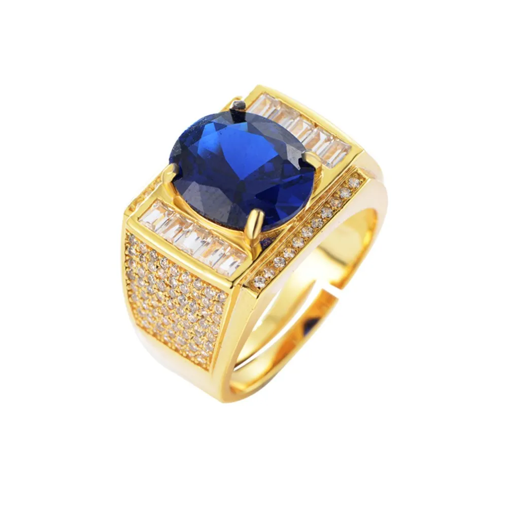 Luxury Gold Plated Men Rings Fine Jewelry Rings 925 Sterling Silver Ring With Sapphire Blue Stone