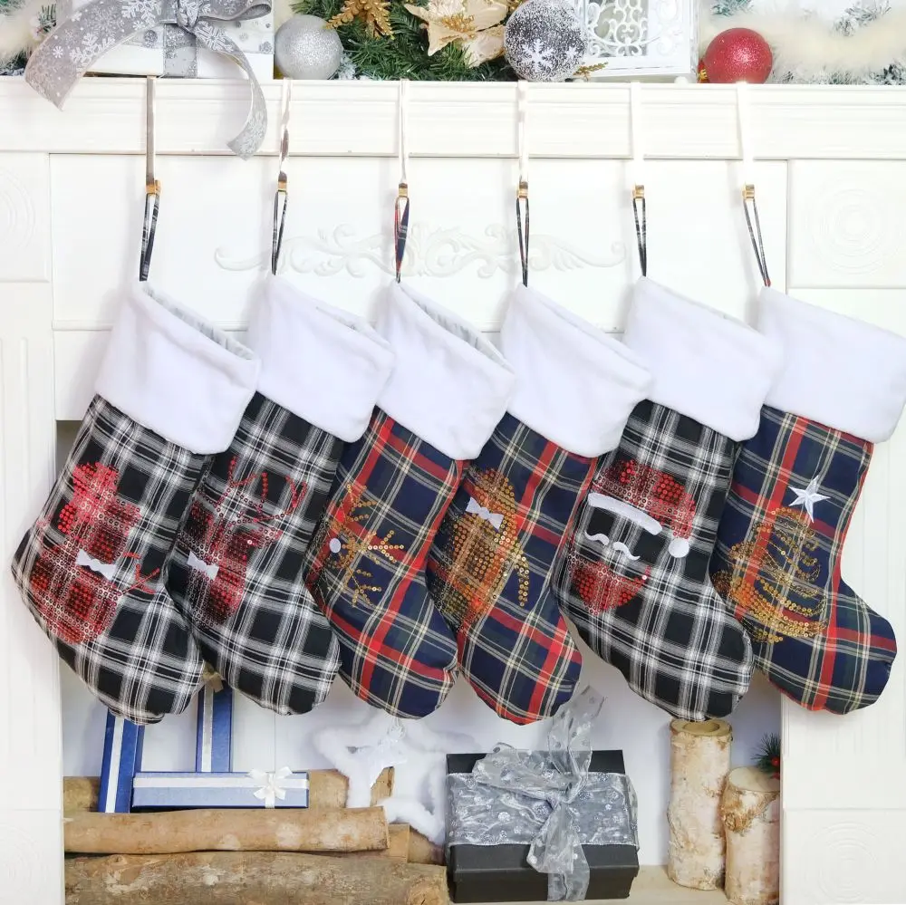 2022 New Original Design Sequin Plaid Christmas Stocking Fireplace Hanging Decoration Support Dropshipping