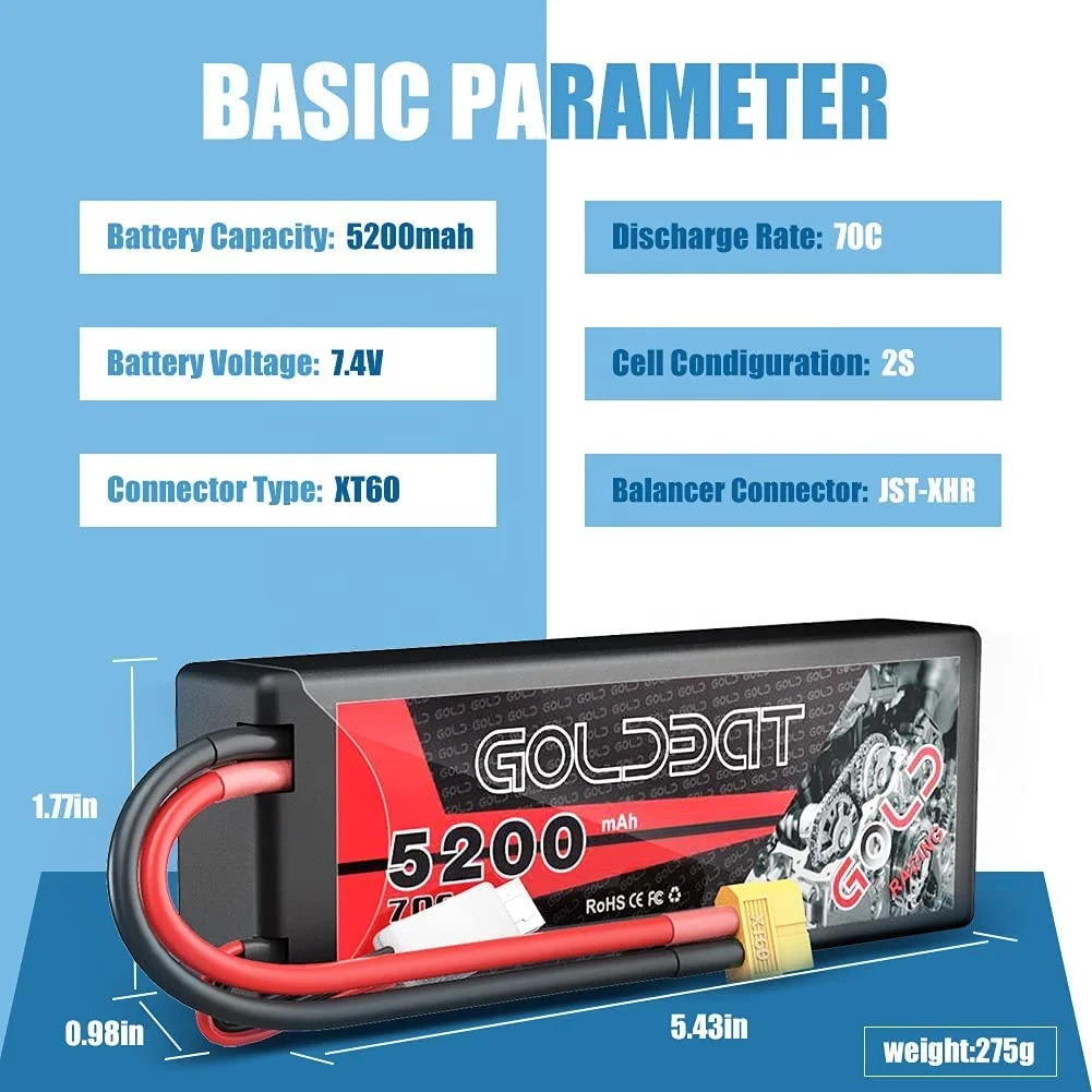 GOLDBAT 5.2Ah 70C 2S 7.4V Rechargeable RC Car Truggy Toys RC Lithium Polymer Battery Pack for Evader BX