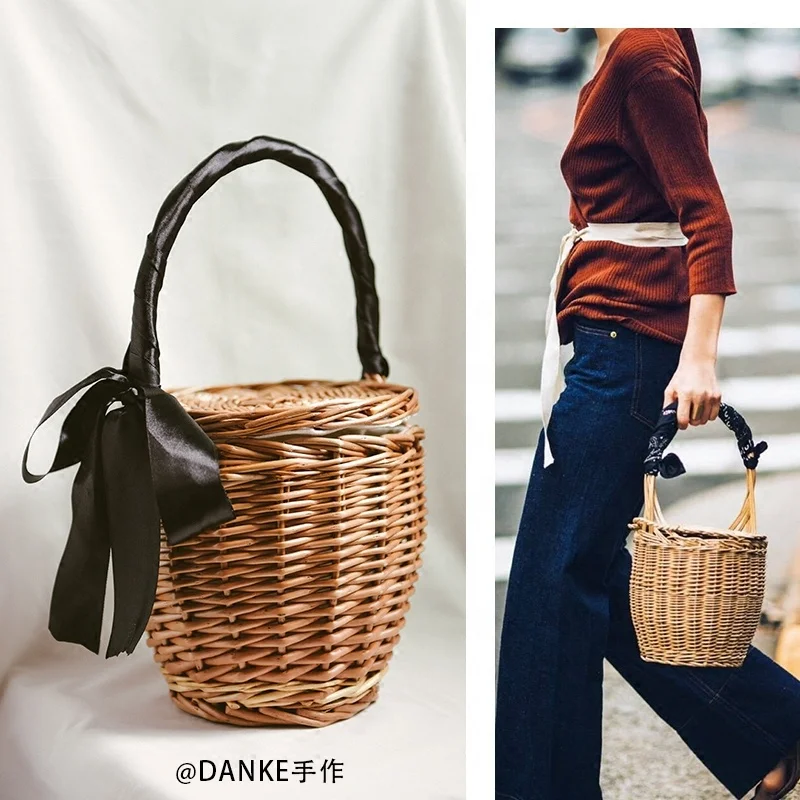 Women Retro Handmade Bamboo Handbag Fashion wooden woven Tote Bags Causal Beach Hollow Out Basket Outdoor  Bag Straw Beach Bag