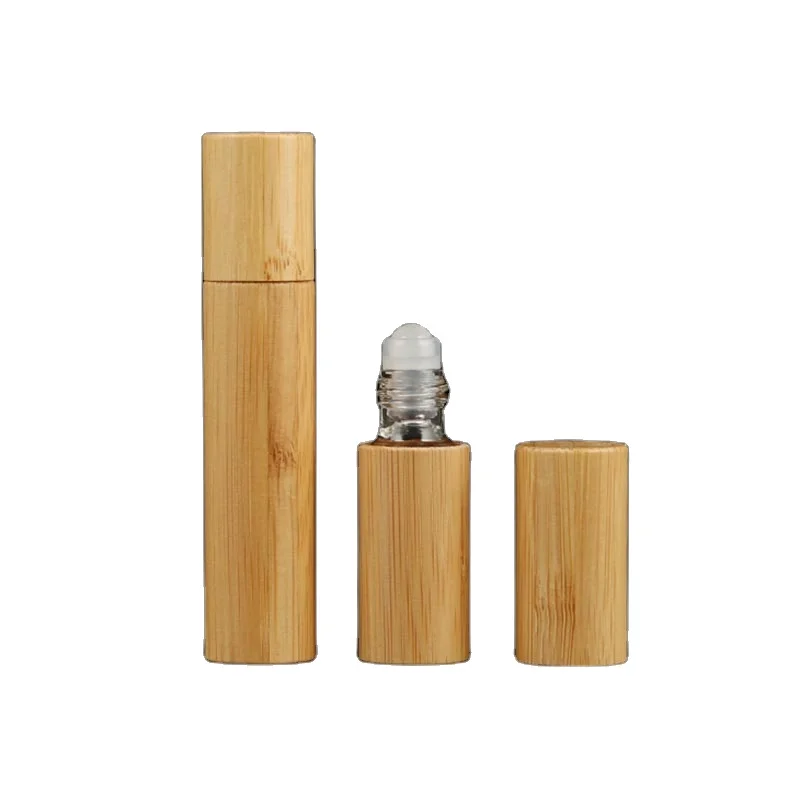 Essential Oil Roll On Bottles Bamboo Cover Glass Steel 5ml Essential Oil Roller Glass Bottle