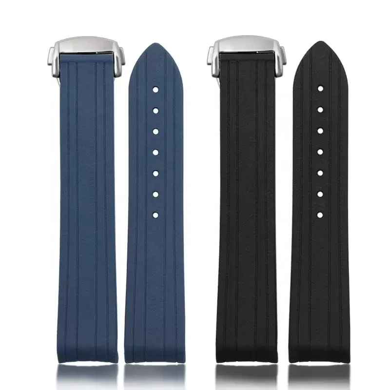 High quality soft navy blue curved end folding butterfly clasp 20mm rubber silicone watch band for omega watch strap