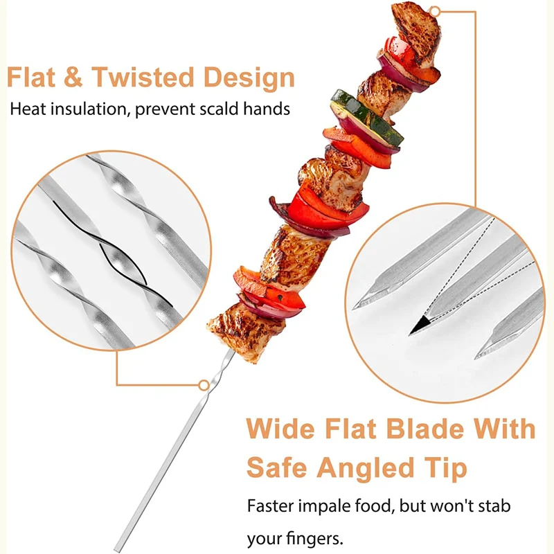 Stainless Steel Metal Flat BBQ Grill Kebab Skewers Shish Kabob Grill Skewers with Portable Metal Storage Tube