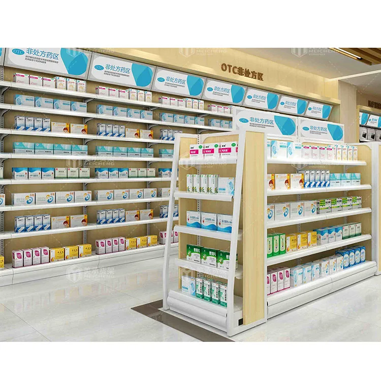 Meicheng Unique Pharmacy Furniture Store Wooden Pharmacy Counter Medical Display Shelf Wooden Pharmacy Display Cabinet