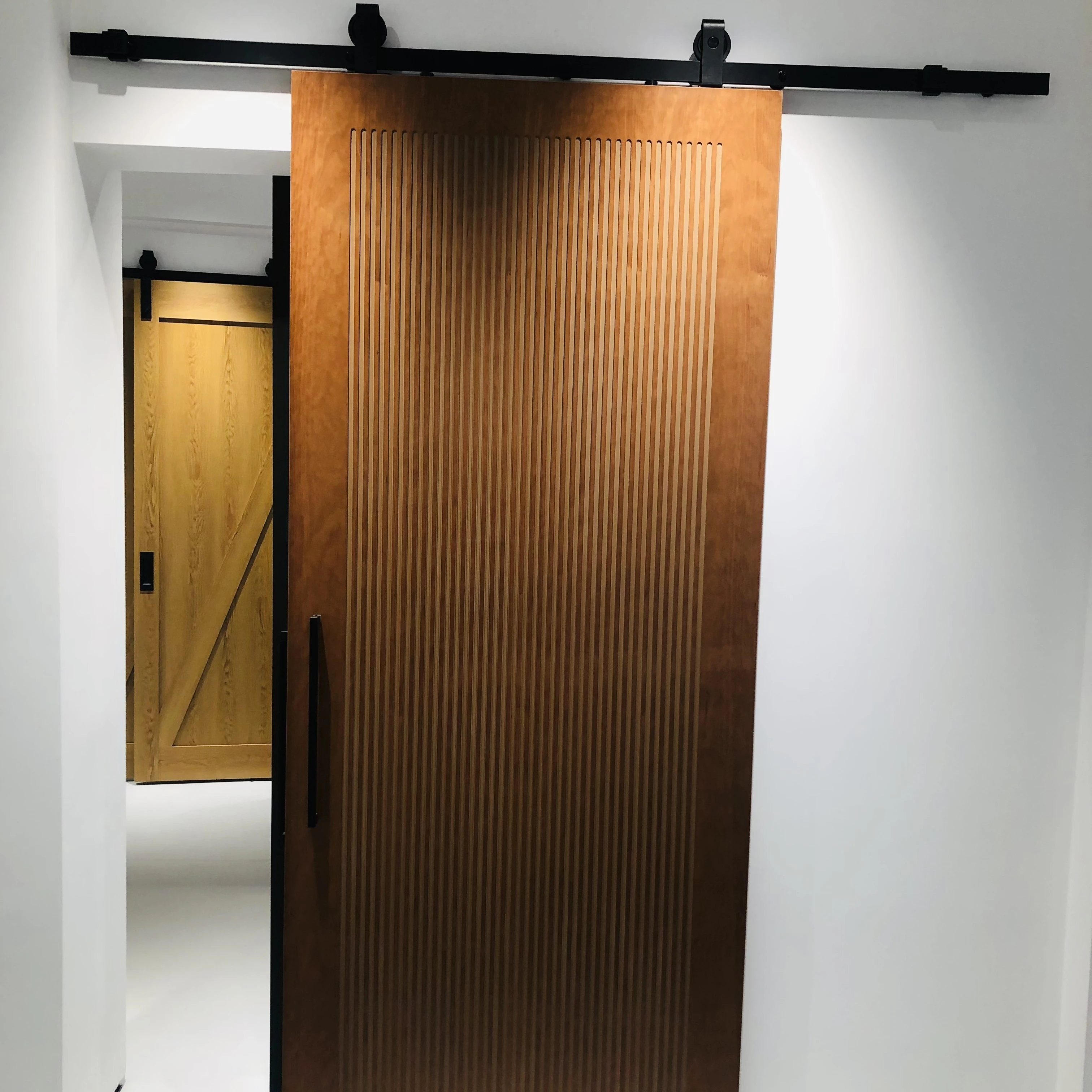 Interior Shoji Style  Deep CNC Carved Pre-primed Brown/Black Sliding Barn Door with Hardware Kit
