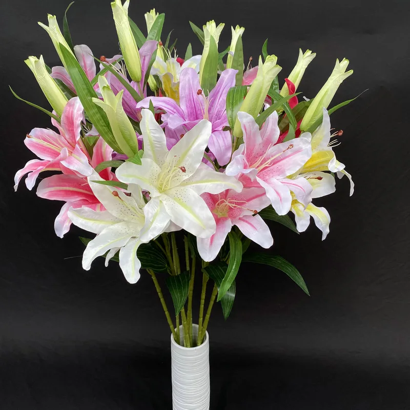 Manufacturer artificial Lily flower silk 2 head 1 bud 80cm wedding home decor lily artificial flower