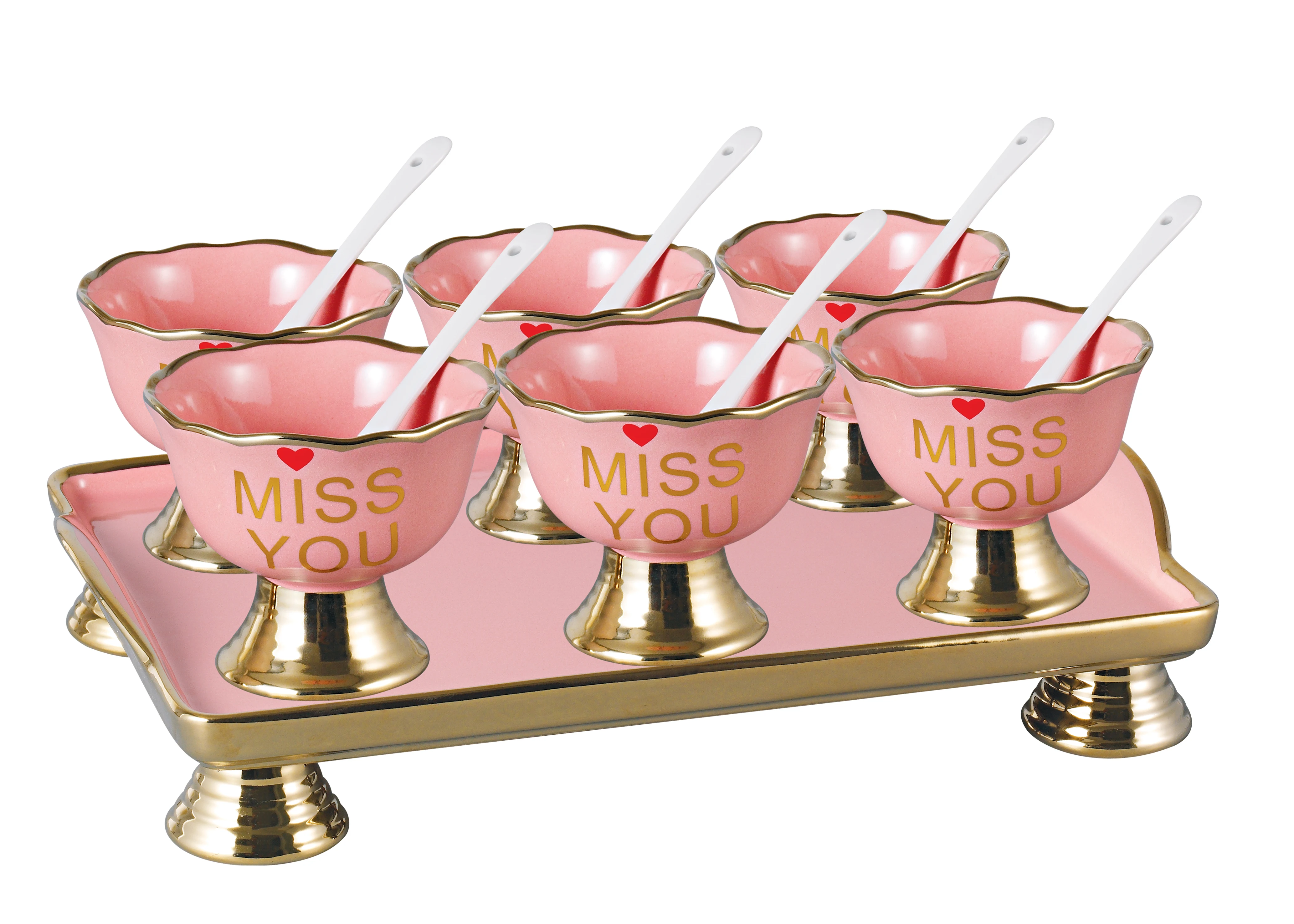 Wholesale Fashion Free Sample Miss You Heart Ceramic Desert Ice Cream Cups Set With Spoon Tray