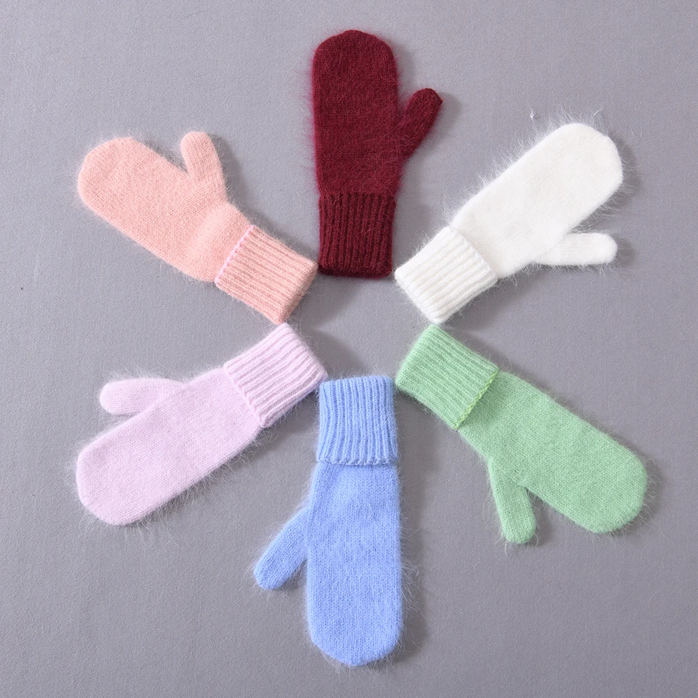 Оптовая продажа, простые длинные пушистые шерстяные вязаные варежки на весь палец, мягкие эластичные мягкие теплые женские зимние кашемировые перчатки на заказ