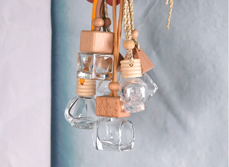 empty hanging freshener pendant car logo vent air round ball square wooden cap glass car perfume diffuser bottle