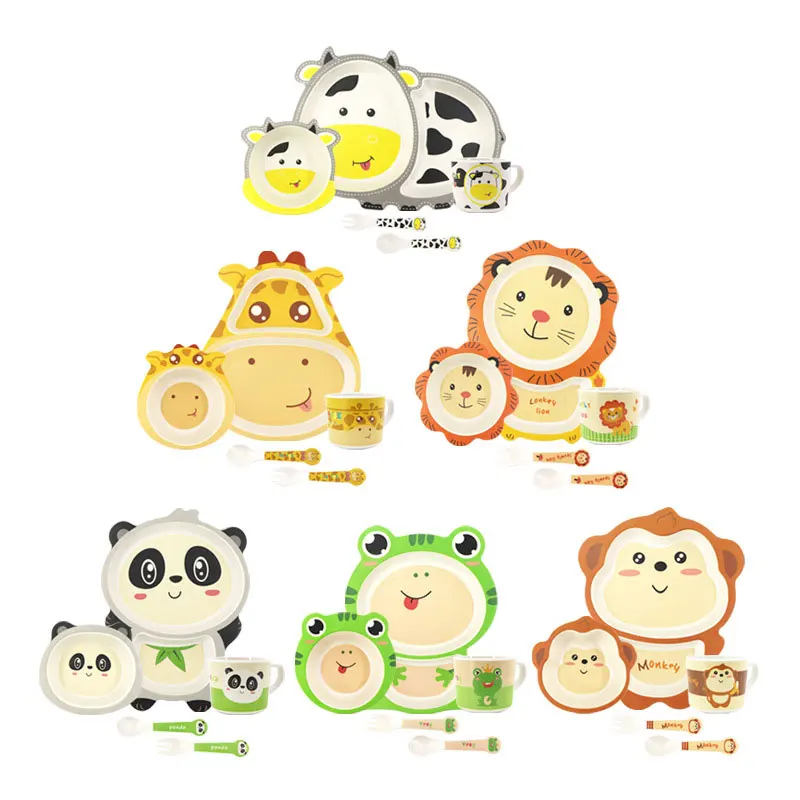 5 piece tableware set bamboo fiber kid eco suction plates dinnerware animal cartoon melamine bamboo kids dinnerware set for baby