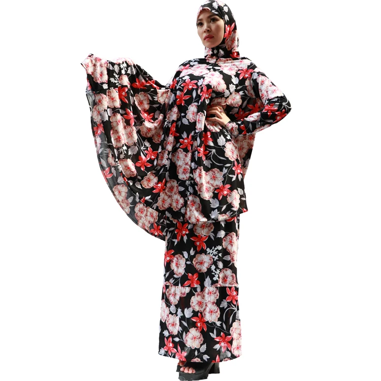 
Women Islamic Prayer Lady Robe Arabic Robe Hijab New Style Two Piece Muslim Floral Dress Two Skirts For Women Muslim 