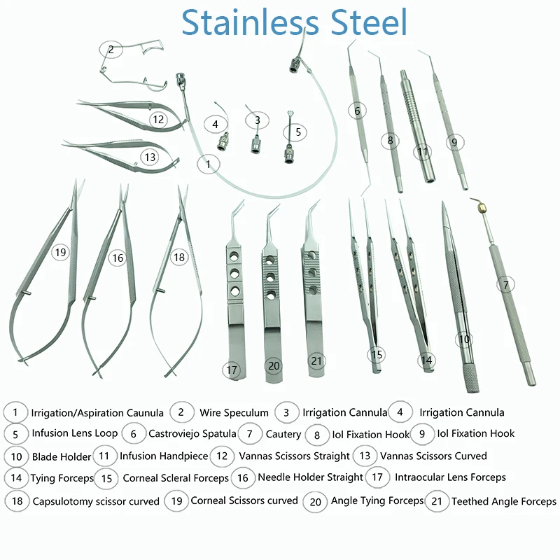 21pcs instrument stainless steel without case medical plastic tweezer Ophthalmic Cataract Set surgical forceps
