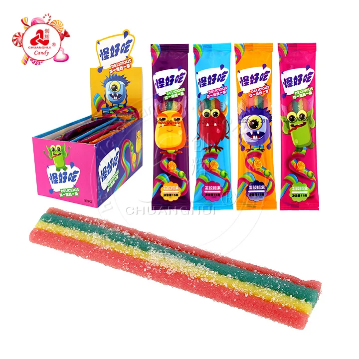 Halal Rainbow Gummy Candy sugar coated sour belt soft candy sour strips