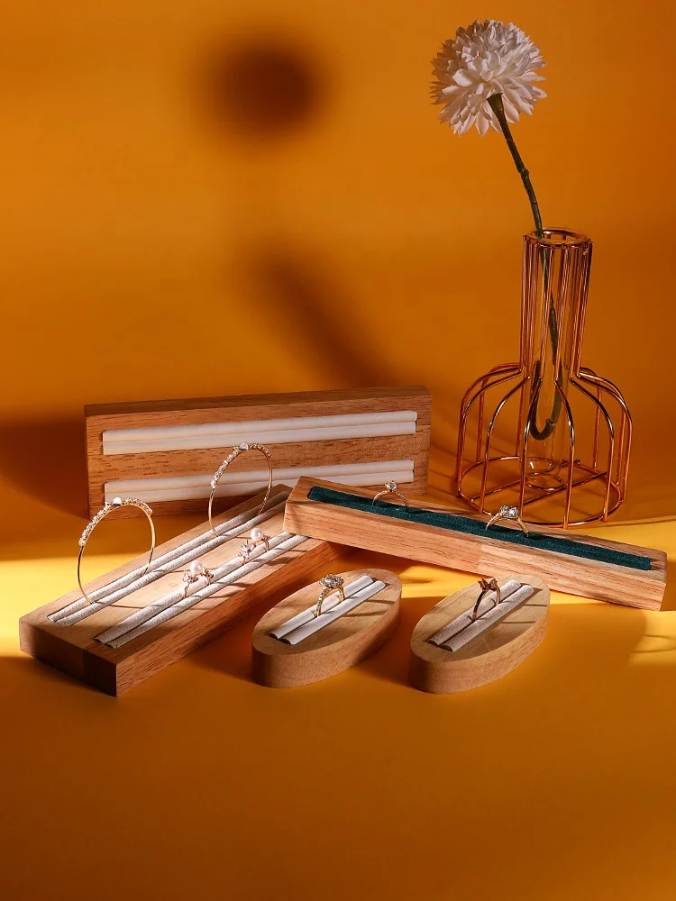 wholesale solid wooden frame ring earring jewelry display stand table velvet leather inner high quality wholesale