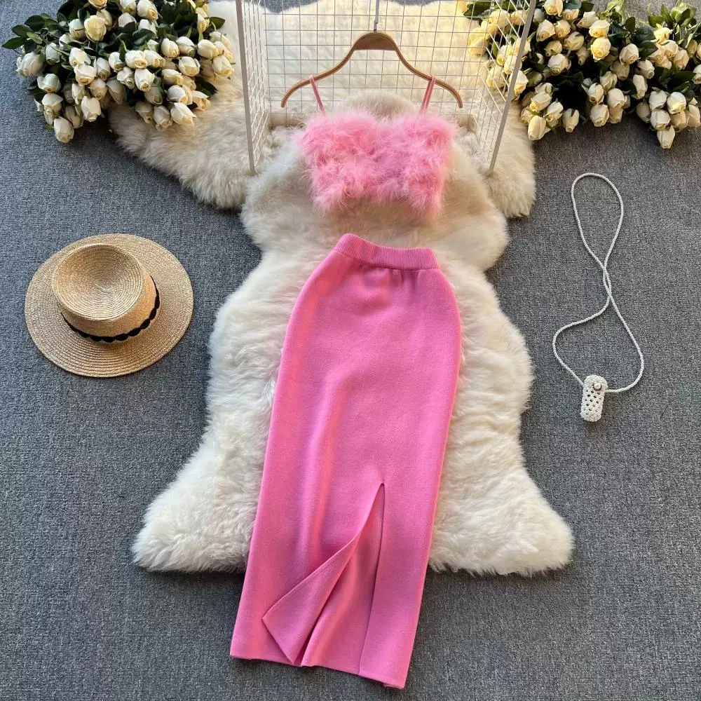 Custom knitted crochet 2 piece skirt set Short camisole vest wrap knit skirt suit for women