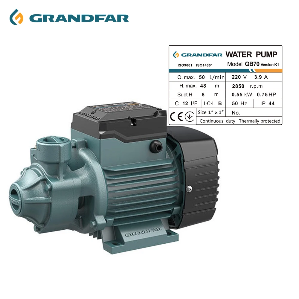GRANDFAR Customized Hot Sale Wholesale Vortex Boiling Water Pump 0.55kw 48M Max Head QB 70 Electric Peripheral Pump