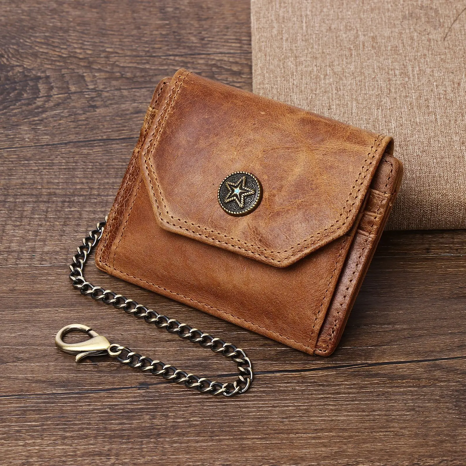 Fashion Anti-theft Handmade Leather Chain RFID Blocking Card Holder Wallet