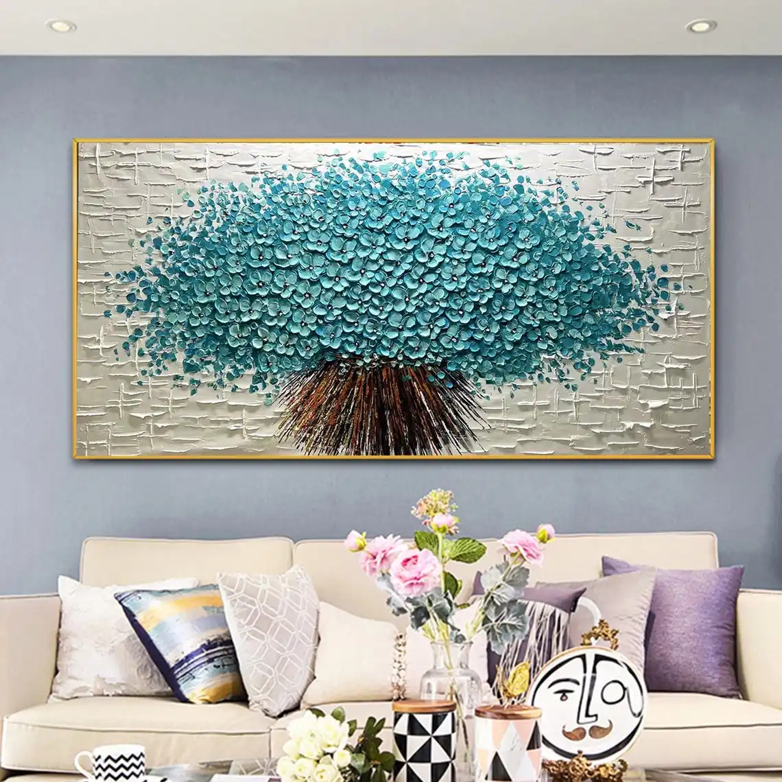 SQ100% hand painted Large Abstract Blue Flower Oil Painting Thick Textured Subdued Color Tones beautiful painting for Home Decor