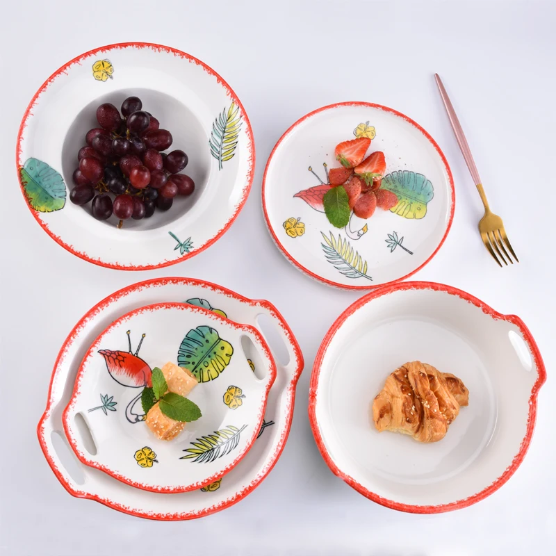 New style luxury red line porcelain Wholesale Glaze dinner tray ceramic Flamingo Decoration plates sets dinnerware