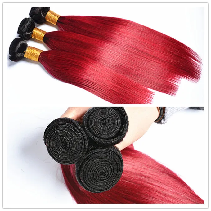Factory Price Two Tone ombre color human hair extensions 1B Red/Bug ombre color hair bundles