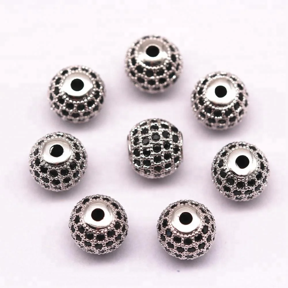 Bulk Price Silver Plated Gun Black Zircon Flat Wheel Ball Shape Mirco Pave Charm and Beads for Jewelry Making 8mm 10mm