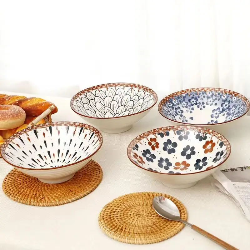 Japanese Printed Ceramic Bowl Round Food Salad Soup Bowl Hot Sale Custom Design Embossed Ceramic Bowl