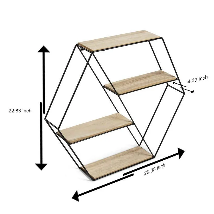 Wholesale High Quality Hexagon Metal And Wooden Wall Mount Hanging Shelf For Living Room