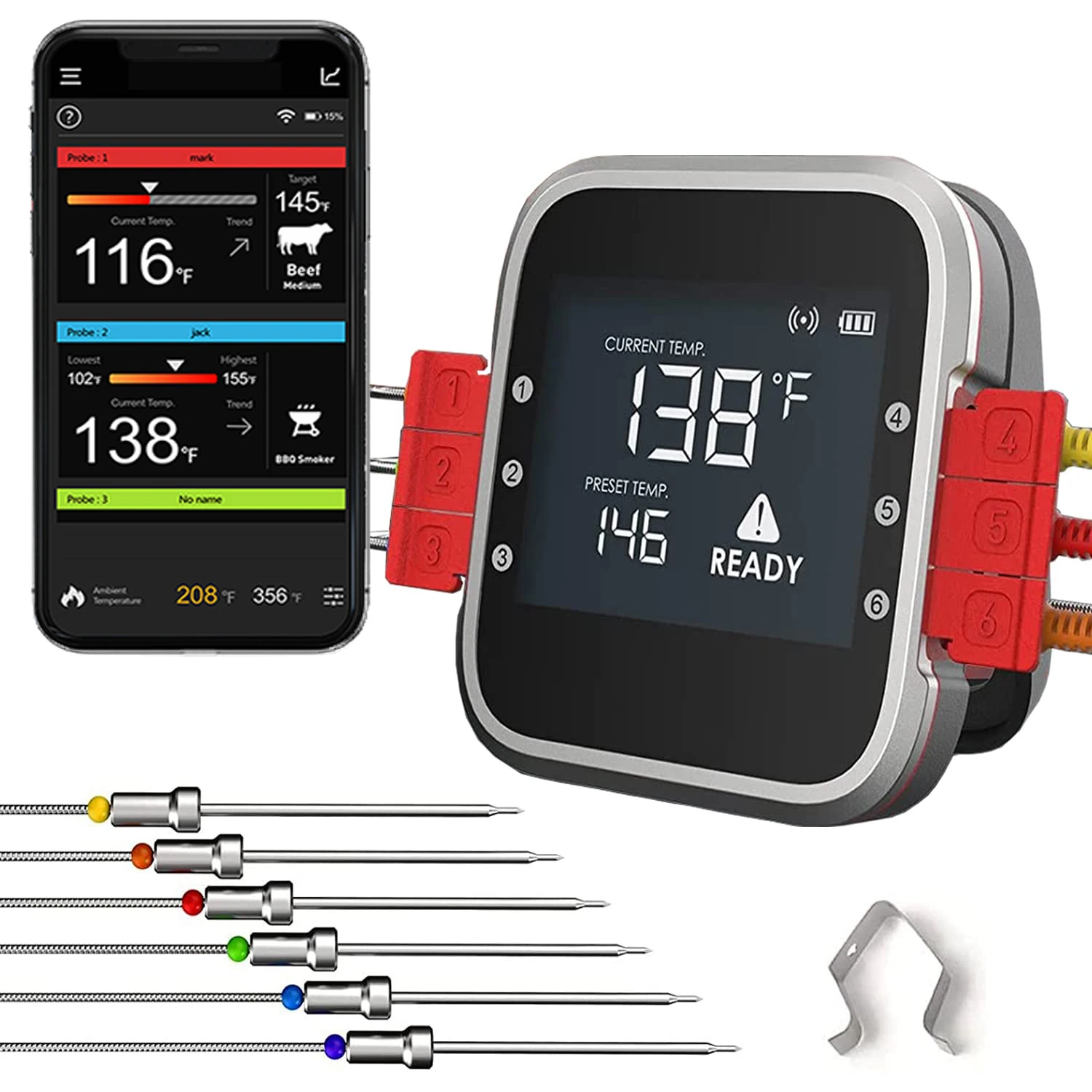 Bluetooth Digital Meat BBQ Smoker Kamado Dome Thermometers With Stainless Dual Probe For Kitchen With Storage Box WR01