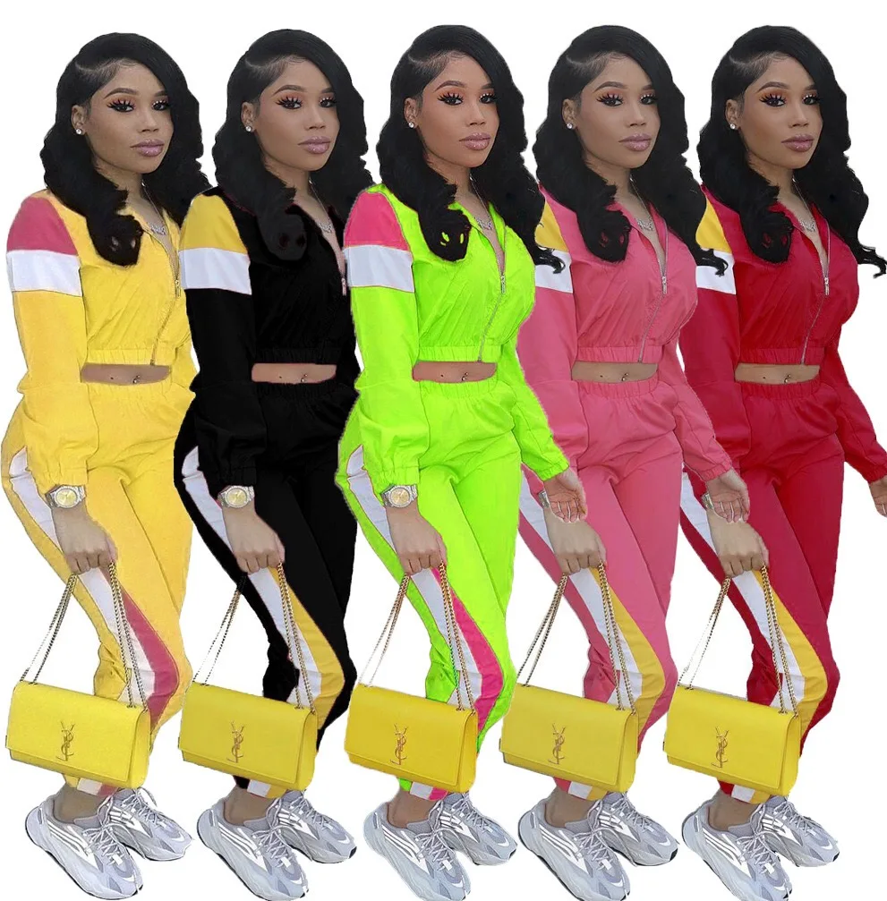 wholesale custom logo Patchwork  Color Block Crop Top Two Piece Outfits Turn Down Neck Joggers Set For Women Sportswear