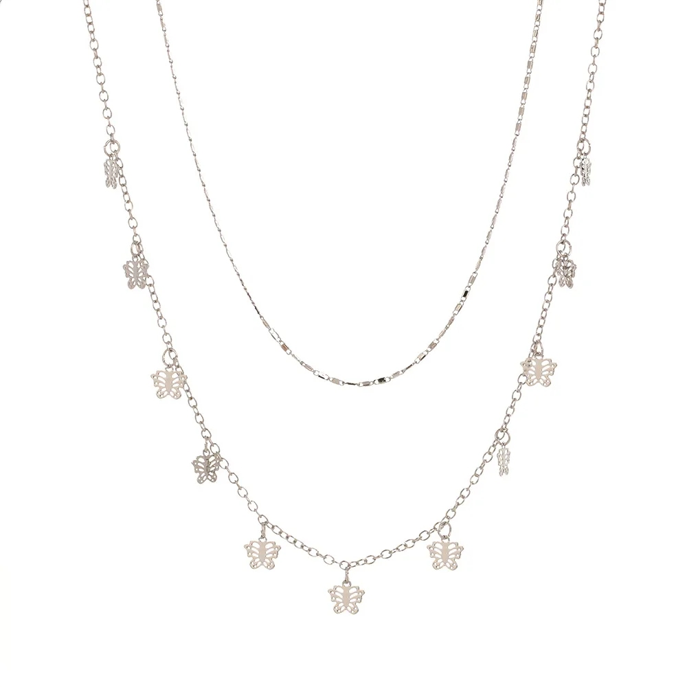 Factory Outlet Eur-American Personality Silver Wild Butterfly Tassel Double Clavicle Chain 18k Gold  Stainless Steel Necklace