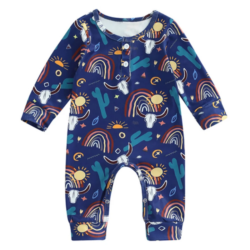 Ribbed Western Henley Jumpsuit Winter Boy Girl Long Sleeve Clothes Custom Animal Bubble Rompers Newborn Knit Baby Romper