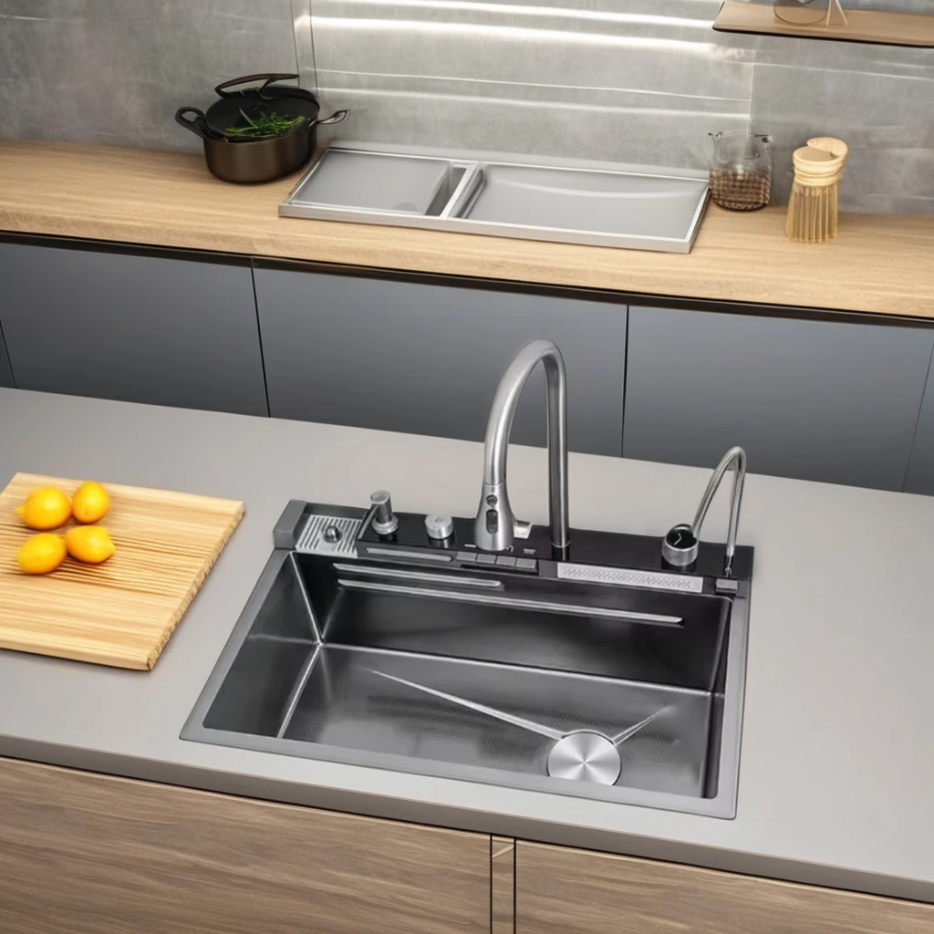 Honeycomb kitchen sink stainless steel nano thickened large single sink fly rain waterfall sink multifunction In stock